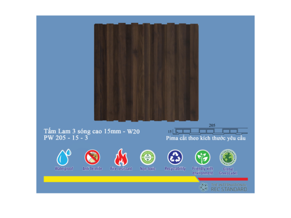  Tấm lam 3 sóng pima 15 phủ vân gỗ W20 (3600)