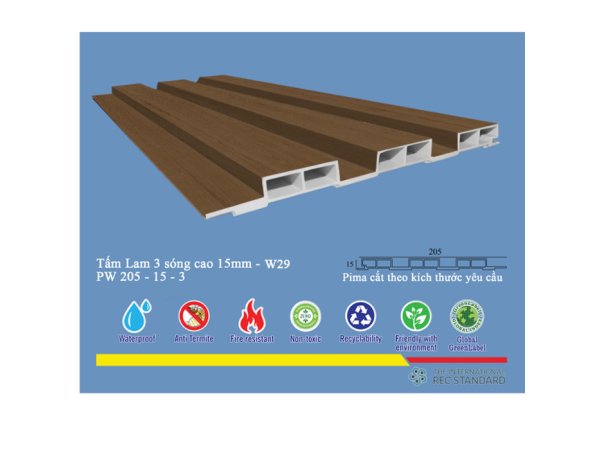 Tấm lam 3 sóng pima 15 phủ vân gỗ W29
