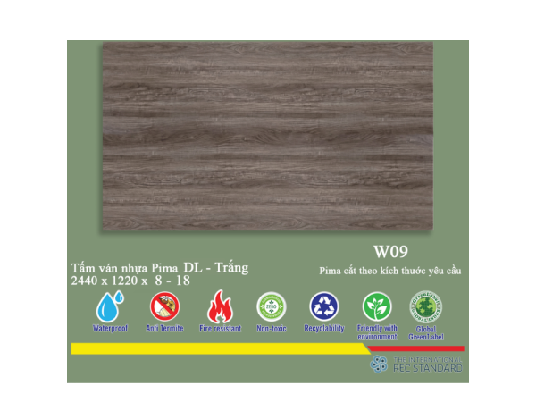 Tấm Pima DL 17mm phủ vân gỗ W09 (PE) - 2 mặt