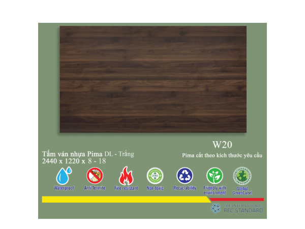  Tấm Pima DL 8mm phủ vân gỗ W20 (PE) - 1 mặt