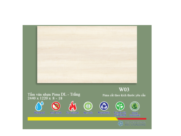 Tấm Ván Nhựa PIMA DL Trắng W03- 2 MẶT 17mm